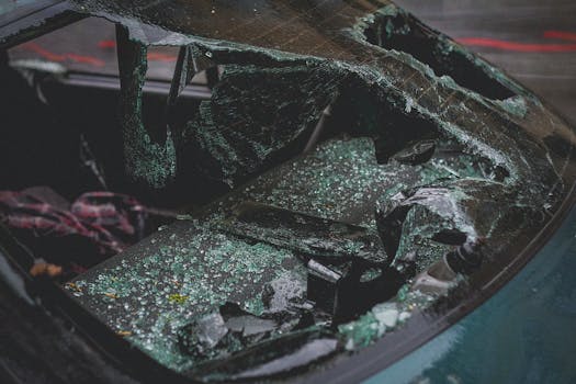 Motor Vehicle Insurance Plans – Secure Your Ride with Insurova Detailed view of shattered car windshield after accident, emphasizing damage and broken glass.